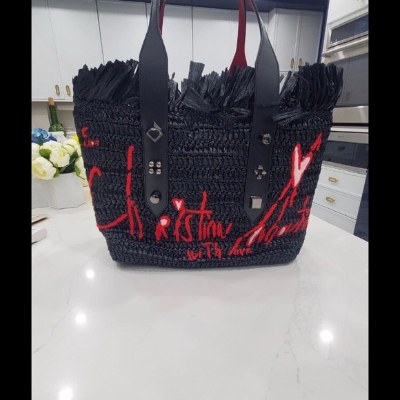 Christian Louboutin Woven Raffia Tote Bag Medium  Frangibus Black - Picture 2 of 11